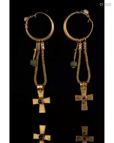 BYZANTINE GOLD EARRINGS WITH CHAINS AND CROSSES