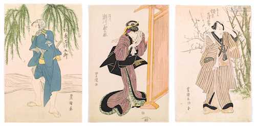 UTAGAWA TOYOKUNI I (1769–1825): DREI KABUKI-FARBHOLZSCHNITTE.