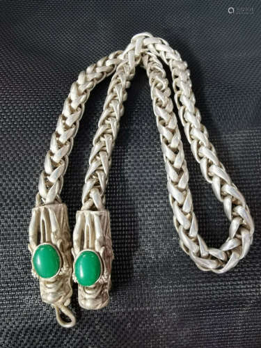 China old Tibet silver carving chain  inlaid green jade double dragon necklace