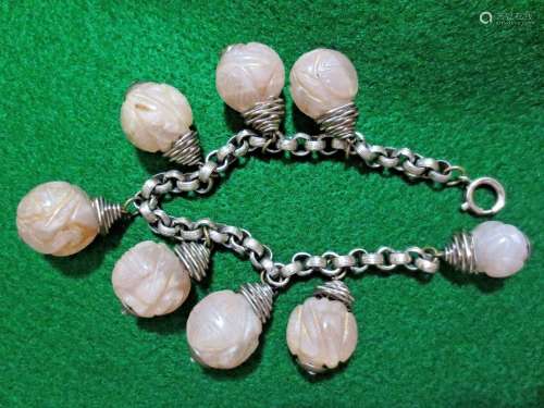 Vtg.  Asian Silver Chain Bracelet Hand Carved Rose Amethyst Quartz Charms Craft