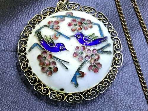 Antique Vintage Enameled Blue Bird Pendant Necklace Chinese Export Double Sided
