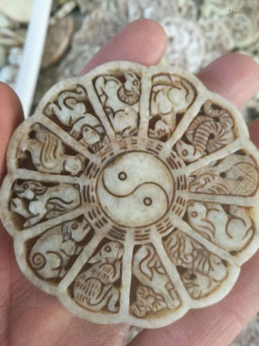 Chinese old jade fengshui pendant old jade carving Zodiac garden pendant