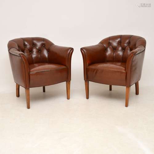 Pair Of Antique Swedish Deep Buttoned Leather Armchairs