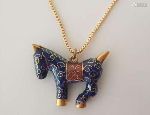 Beautiful Vintage Cloisonne Blue Horse Enamel Pendant Necklace 0002