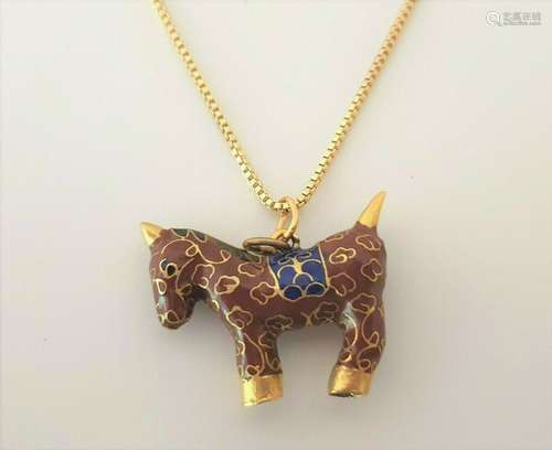 Beautiful Vintage Cloisonne Necklace Horse Enamel Brown Pendant 002