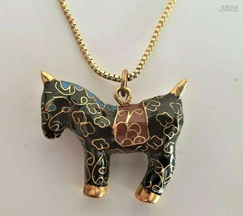 Beautiful Vintage Cloisonne Necklace Horse Enamel Brown Pendant 002