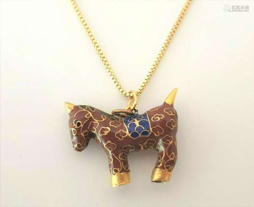 Beautiful Vintage Cloisonne Brown Horse Enamel Pendant Necklace 002