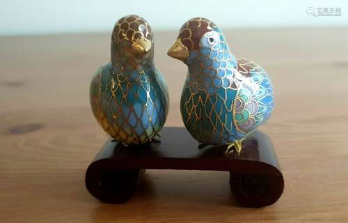 Vintage Chinese Cloisonne Birds on wooden stand - set of 2 /002