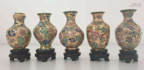 Set of 5 Vintage Vases Chinese Cloisonne Urn Jar Vase Enamel brass 001