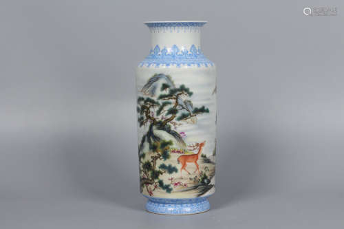 BLUE AND WHITE 'DEER AND SCENERY' CYLINDRICAL VASE