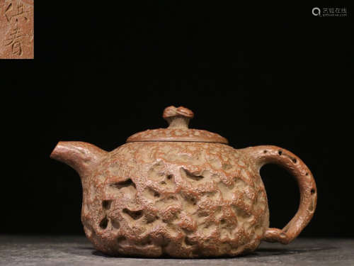 YIXING ZISHA RELIEF CARVED 'SPRING' TEAPOT