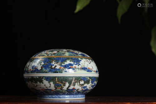 DOUCAI 'CRANES AND PINE TREES' ROUND BOX WITH LID