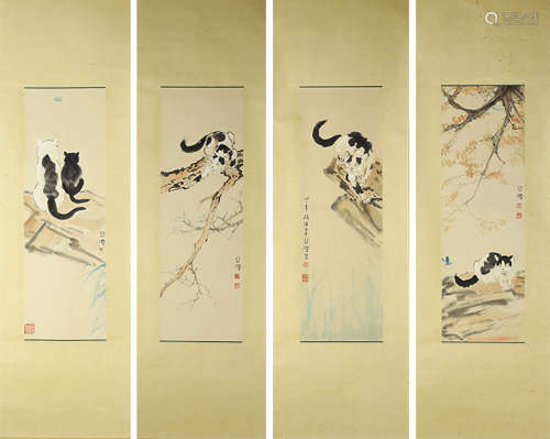 XU BEIHONG: SET OF FOUR INK AND COLOR ON PAPER PAINTINGS 'CATS'