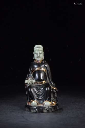 ZITAN WOOD CARVED AND SHOUSHAN STONE INSET 'WENCHANG STAR' SEATED FIGURE