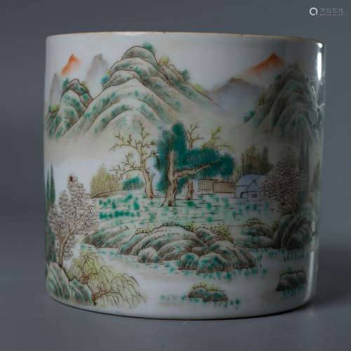 A CHINESE LANDSCAPE PAINTED REDDISH-PURPLE PORCELAIN BRUSH POT