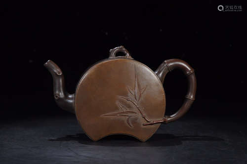 YIXING ZISHA 'THREE WINTER FRIENDS' HALF-MOON SHAPED TEAPOT