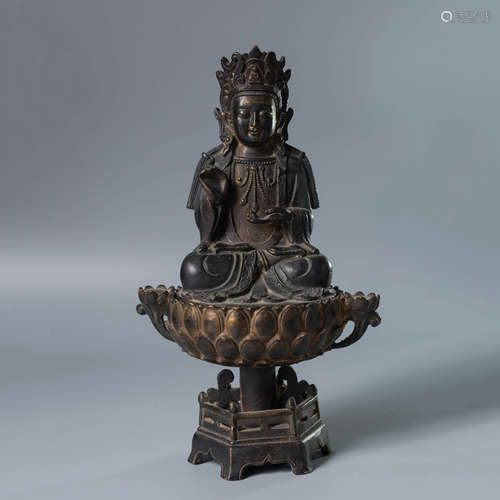 A CHINESE LOTUS PEDESTAL COPPER GUANYIN STATUE