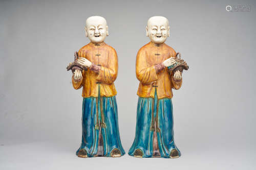 A pair of famille-verte laughing boys, hehe erxian  Qing dynasty