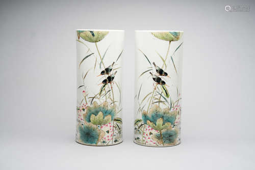 A pair of famille-rose 'lotus pond' cylindrical vases  Inscribed Cheng Yiting, Dated according to inscription bingzi year (1936)