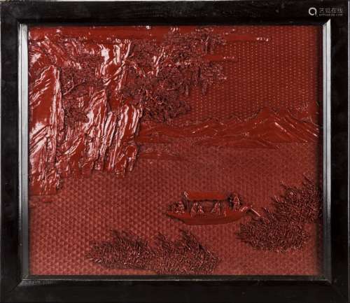 A CARVED CINNABAR LACQUERPANEL WITH FRAME