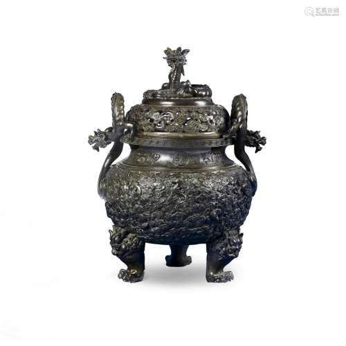 A LARGE CHINESE BRONE CENSER WITH COVER, 19TH CENTURY