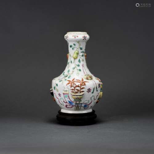 A FAMILLE ROSE RELIEF-DECORATED GARLIC-HEAD VASE, YONGZHENG MARK