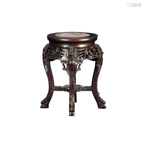 A MARBLE INLAID HARWOOD STOOL