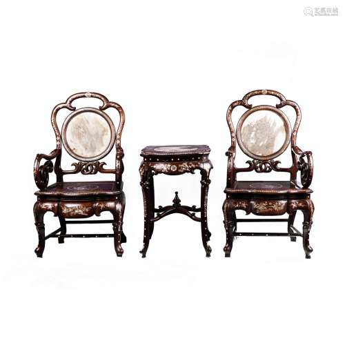CHINESE MOTHR-OF-PEARL INLAID AND MARBLE HONGMU CHAIRS AND TABLE