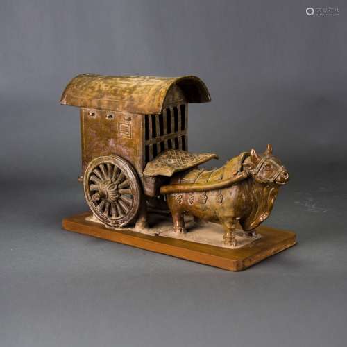 A CHINESE PAINTED POTTERY OF OX PULLING A CART WITH BASE