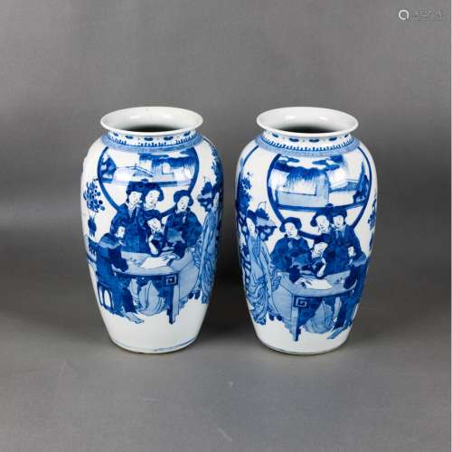 A PAIR OF BLUE AND WHITE 'FIGURAL' VASES