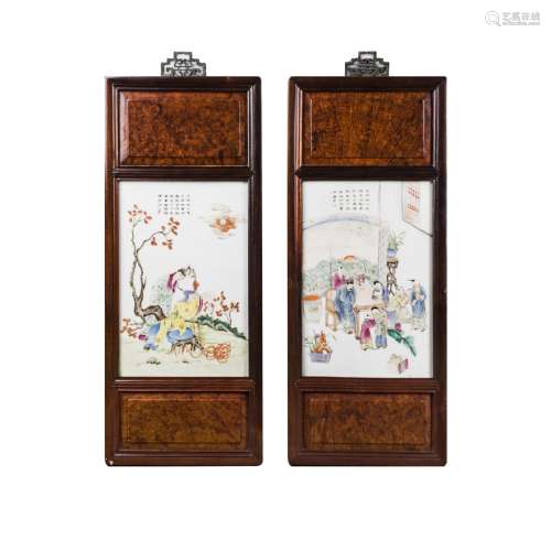 A SET OF TWO CHINESE ENAMELLED PLAQUES WITH HONGMU FRAME