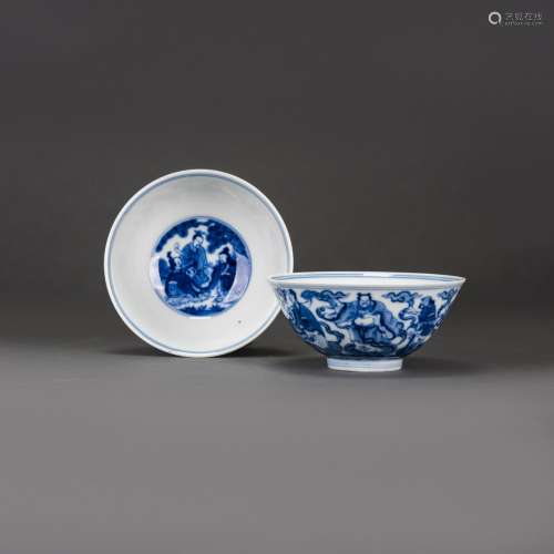 TWO BLUE AND WHTIE 'IMMORTALS' BOWLS, WITH JIAQING AND KANGXI MARK