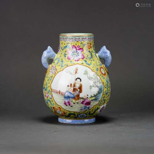 A FAMILLE ROSE YELLOW-GROUND 'FIGURAL' JAR, WITH QIANLONG MARK