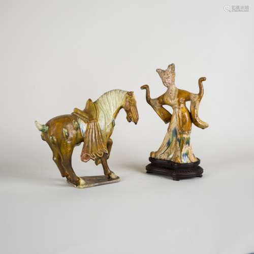 LOT OF 2, SANCAI-GLAZED POTTERY FIGURES OF LADY AND HORSE