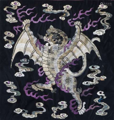 A CHINESE EMBROIDERED BAT WITH FRAME