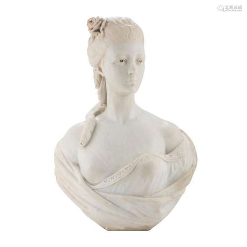 A WHITE MARBLE BUST OF A YOUNG WOMAN