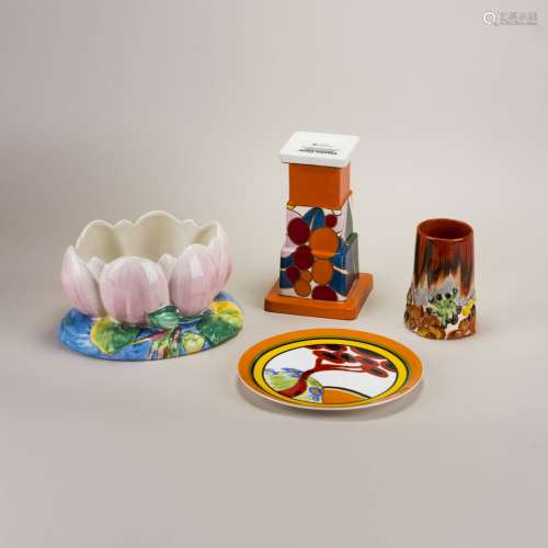 4 CLARICE CLIFF GLAZED & ENAMELED PORCELAIN TABLE ARTICLES