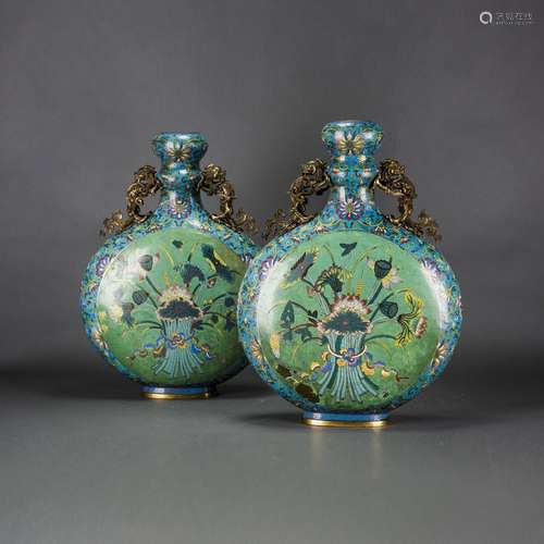 A PAIR OF CLOISONNE ENAMEL AND GILT BRONZE MOONFLASKS