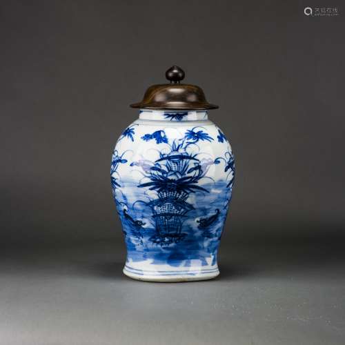 A BLUE AND WHITE 'LOTUS POND AND MANDARIN DUCK' JAR WITH COVER