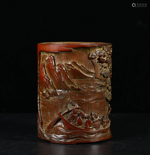 A CHINESE OLDCARVED BAMBOO BRUSH HOLDER