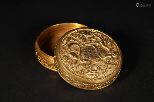 A CHINESE GILT BRONZE BOX WITH MYTHICAL TURTLE DESIGN