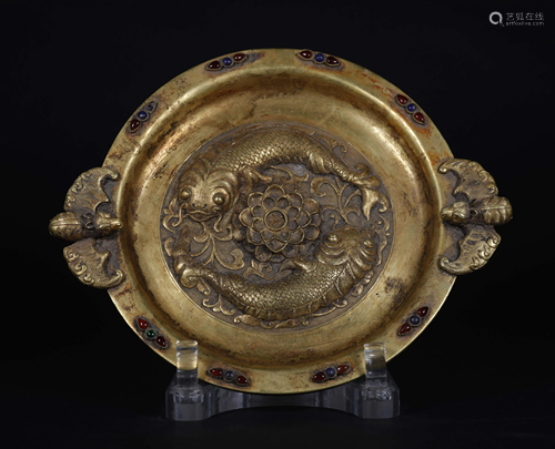 A CHINESE VINTAGE GILT BRASS PLATE