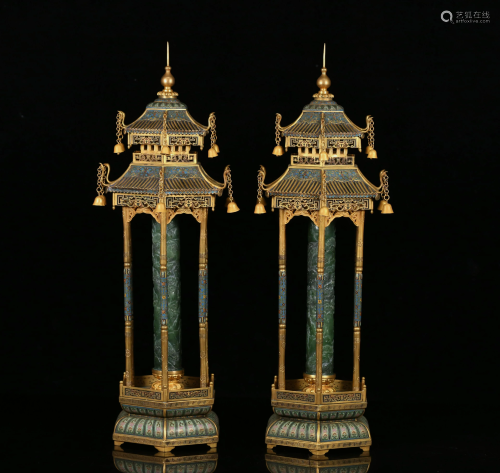 A PAIR OF CHINESE VINTAGE GREEN JADE CLOISONNE TOWERS