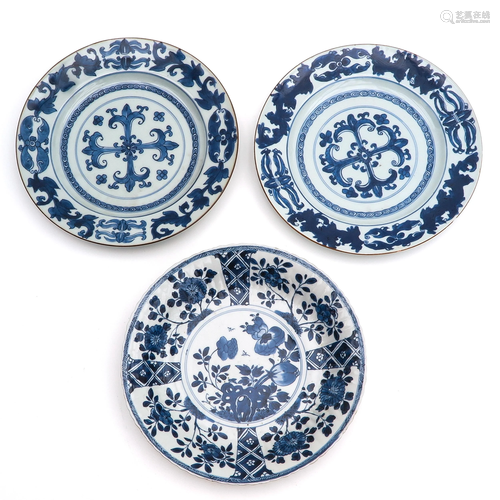 A Collection of 3 Blue and White Plates