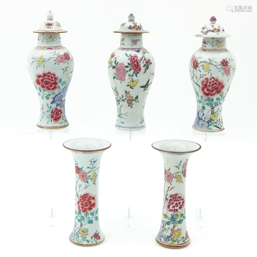 A 5 Piece Famille Rose Garniture Set