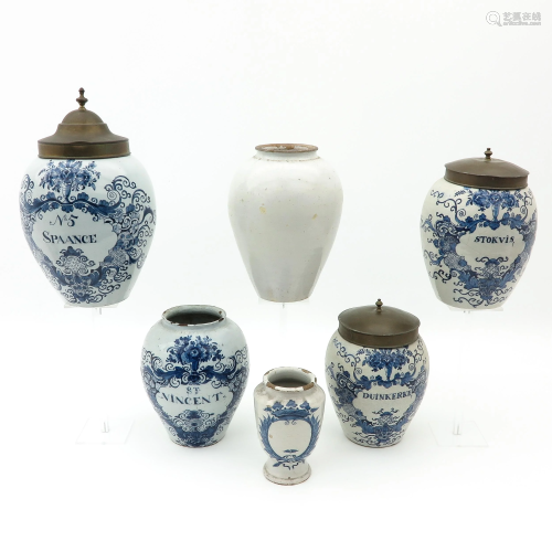 A Collection of 6 18th Century Delft Apothecary Jars