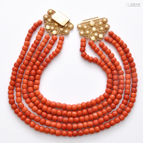 A 5 Strand Red Coral Necklace on 18KG Clasp