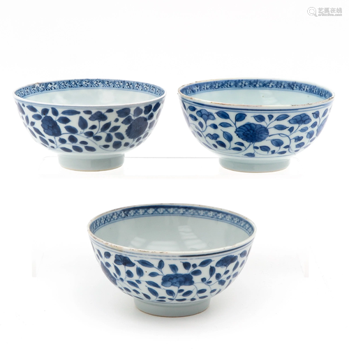 A Series of 3 Blue and White Bowls