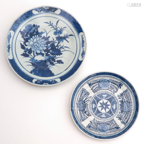 2 blue and White Plates