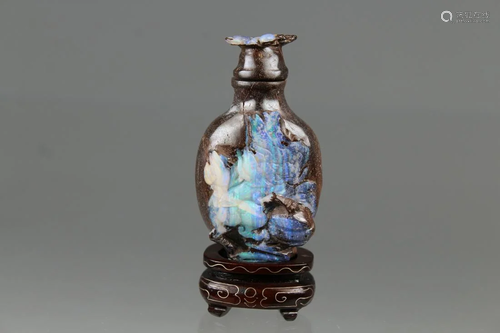 Chinese Opal Carved Snuff Bottle on Stand